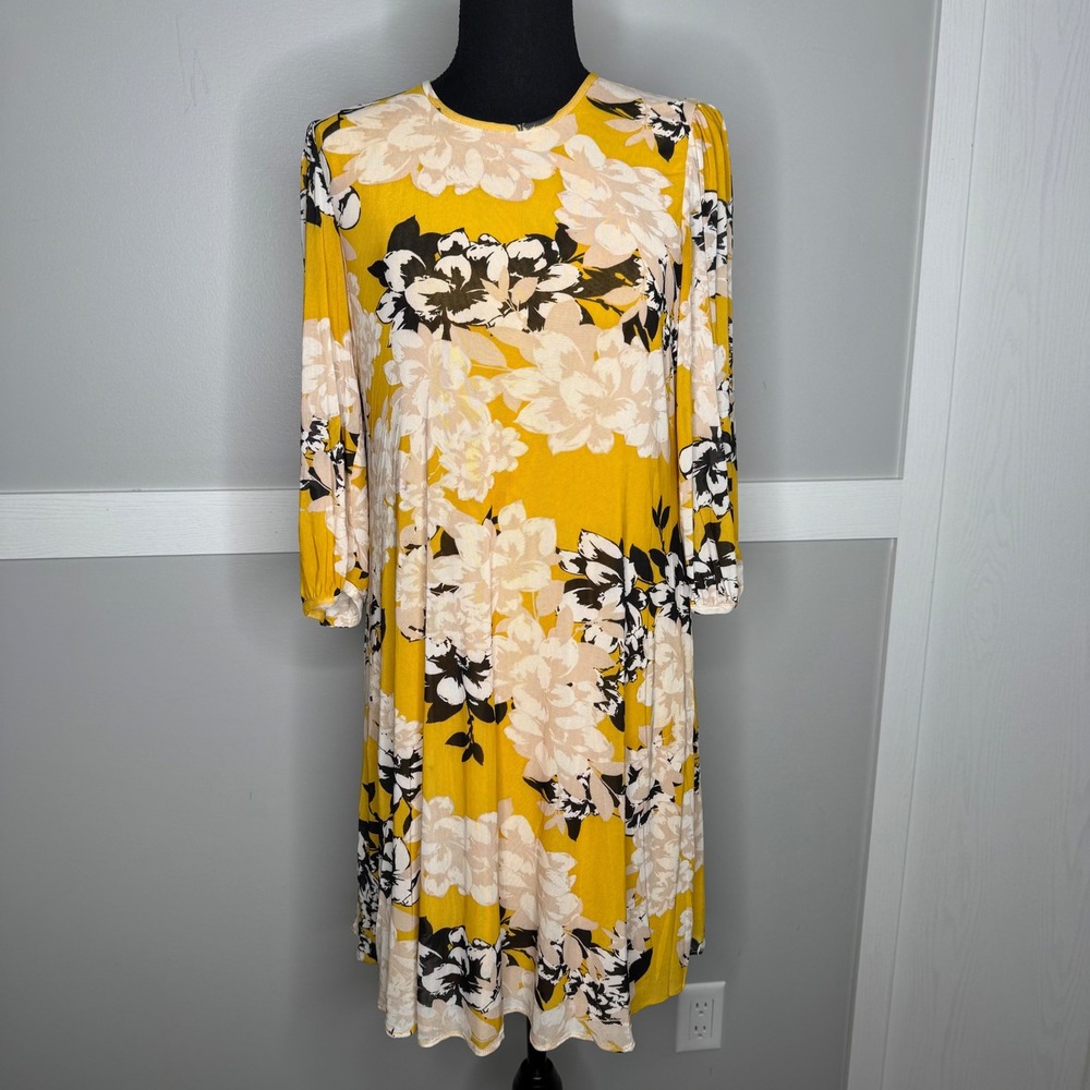 Calvin Klein Yellow Floral‎ Shift Dress Long Sleeve Stretch Size 8